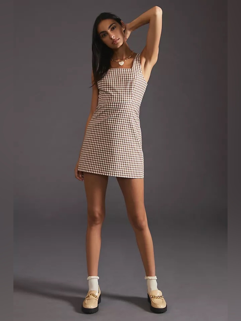 Favorite Daughter Brown & White Gingham Square-Neck Mini Dress